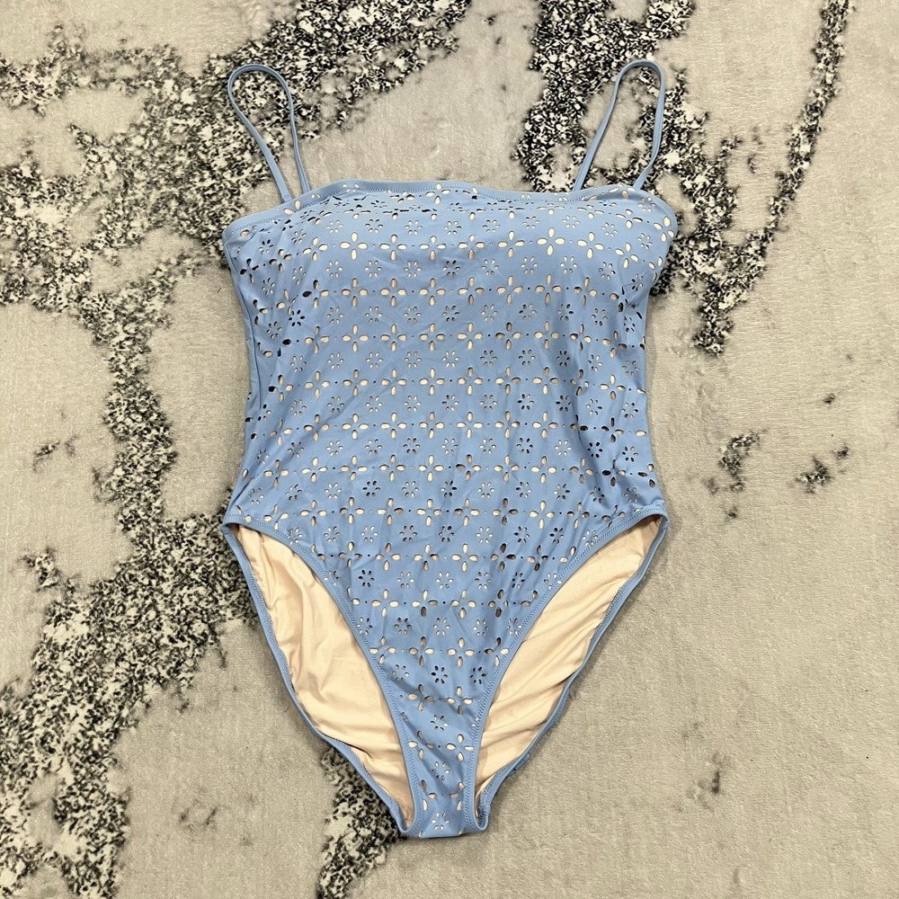 J.Crew Eyelet One Piece Swimsuit Blue Laser Cut Adjustable Strap Womens Size 16